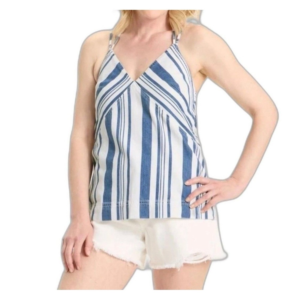 Universal Thread Women's Striped Denim White Tank Top Strap - Navy XXL